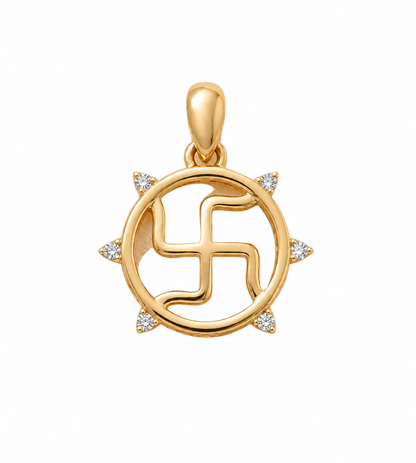 Gold swastik pendant in a circular frame set with sparkling diamond accents, minimal gifts starts at Rs. 15,000