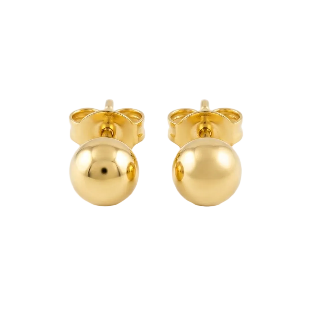 Pair of polished 18kt gold ball stud earrings on a soft neutral surface. Perfect for second piercings, Kids under Rs. 15,000