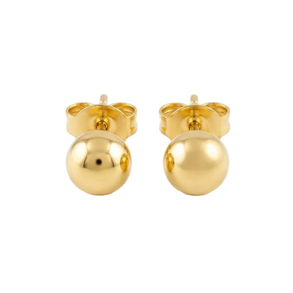 Pair of polished 18kt gold ball stud earrings on a soft neutral surface. Perfect for second piercings, Kids under Rs. 15,000
