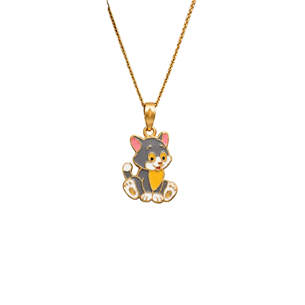 Gold enamel cat pendant with grey and orange detailing