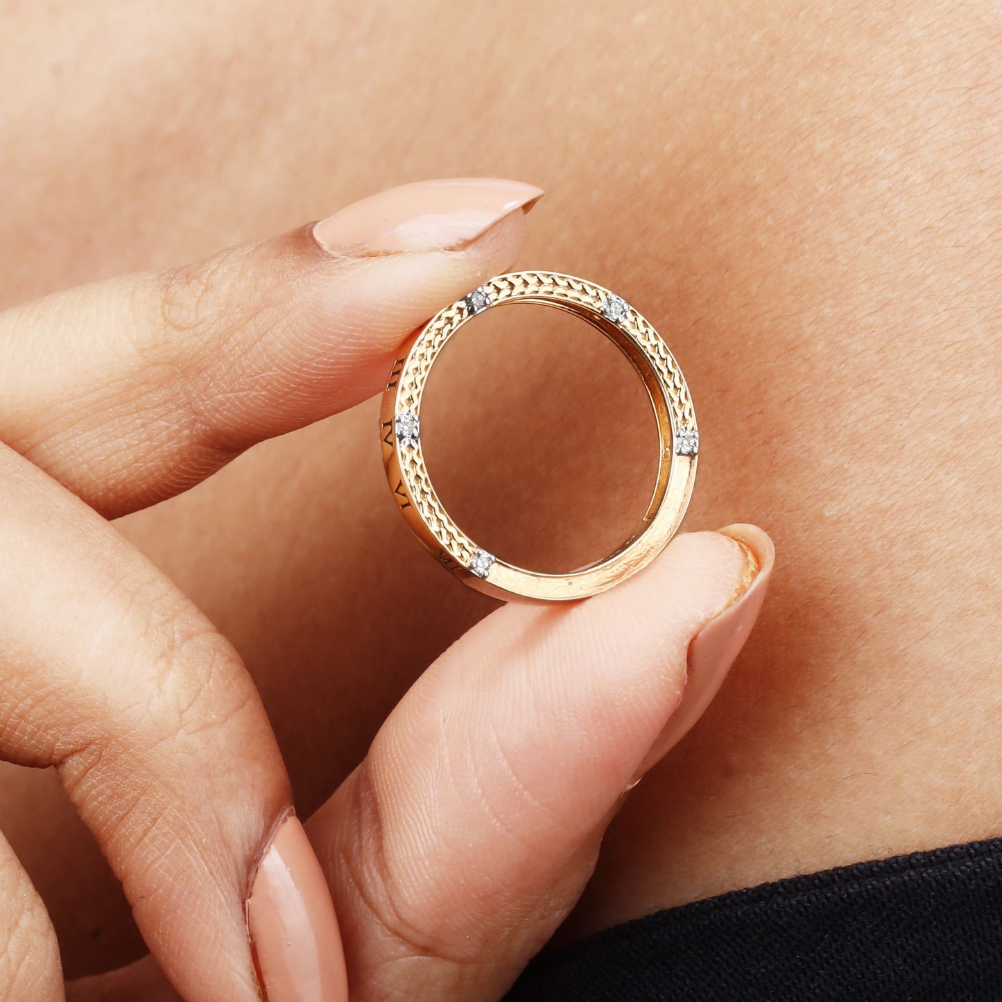 Caratly 18kt gold Band Diamond Ring featuring engraved Roman numerals and flush-set 0.09ct diamonds spaced evenly around the band under Rs. 40,000