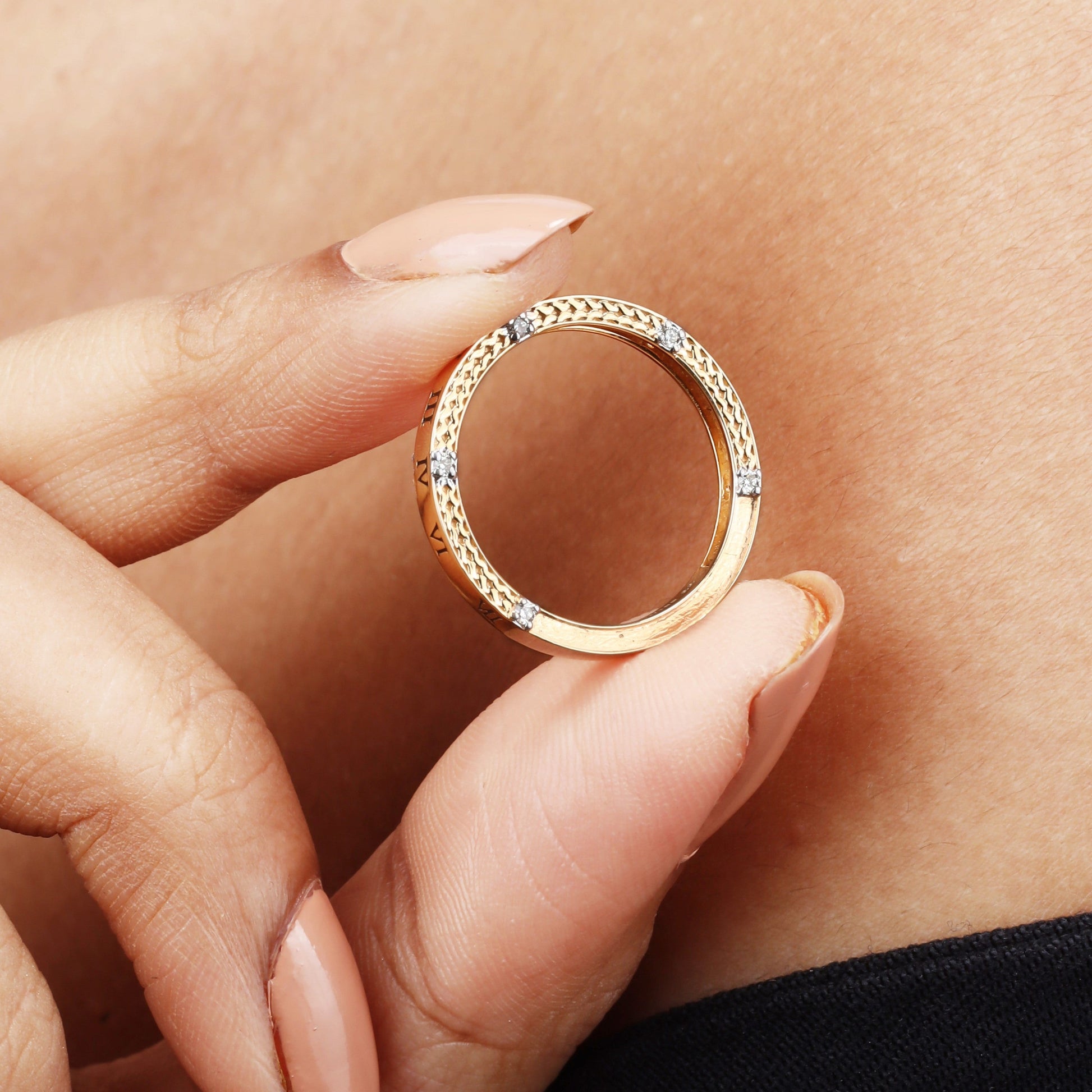 Caratly 18kt gold Band Diamond Ring featuring engraved Roman numerals and flush-set 0.09ct diamonds spaced evenly around the band under Rs. 40,000