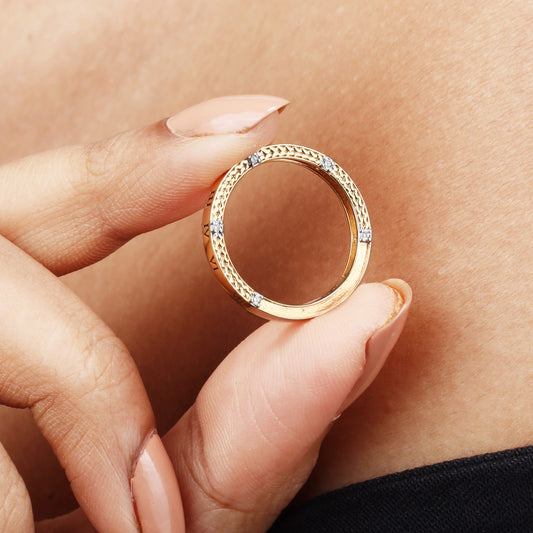 Caratly 18kt gold Band Diamond Ring featuring engraved Roman numerals and flush-set 0.09ct diamonds spaced evenly around the band under Rs. 40,000