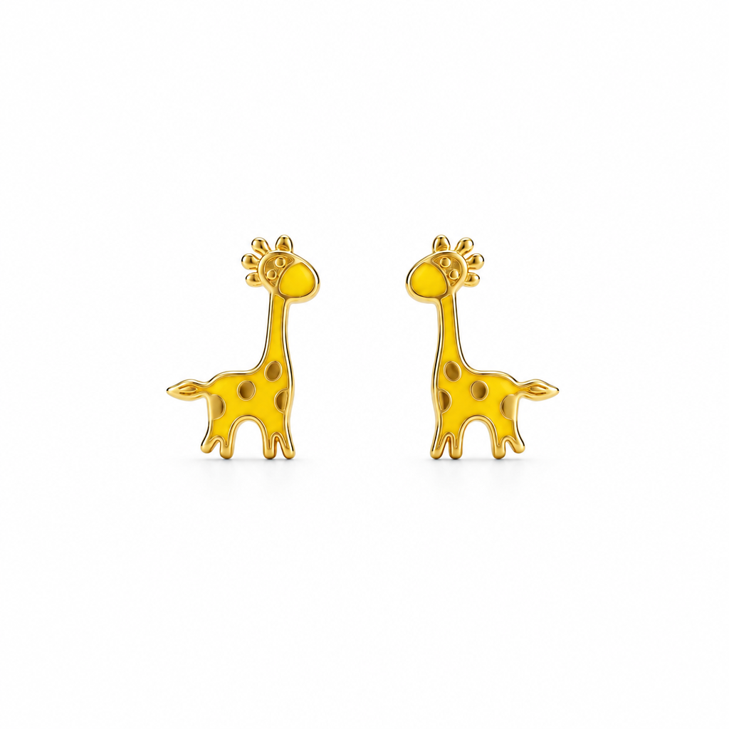 Gold stud earrings shaped like giraffes with yellow and brown enamel spots. Cute gold gifts for kids under Rs. 20,000