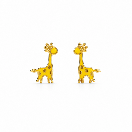 Gold stud earrings shaped like giraffes with yellow and brown enamel spots. Cute gold gifts for kids under Rs. 20,000