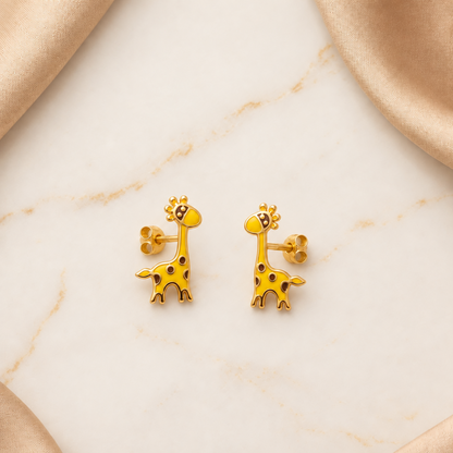 Gold stud earrings shaped like giraffes with yellow and brown enamel spots. Cute gold gifts for kids under Rs. 20,000