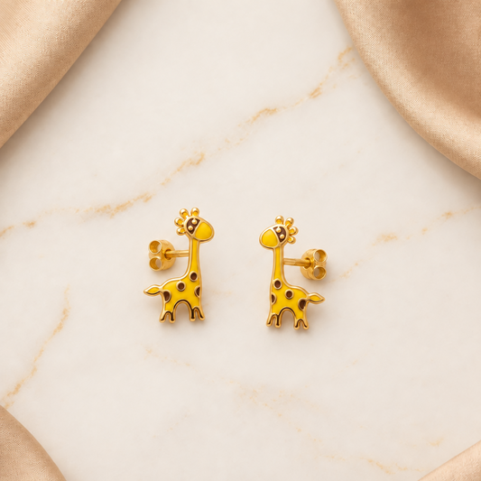 Gold stud earrings shaped like giraffes with yellow and brown enamel spots. Cute gold gifts for kids under Rs. 20,000