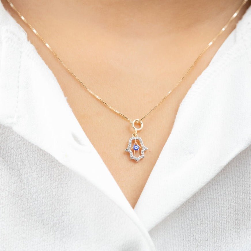 Caratly 18kt gold Evil Eye Charm Hamsa hand pendant with 0.06ct diamonds protection symbol for her under 20,000