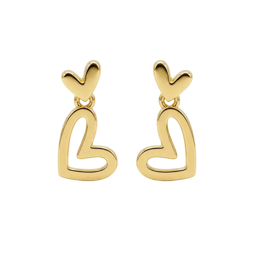 Gold open-heart dangle earrings with a small heart top and elongated heart drop. Perfect gift for her under at Rs. 30,000