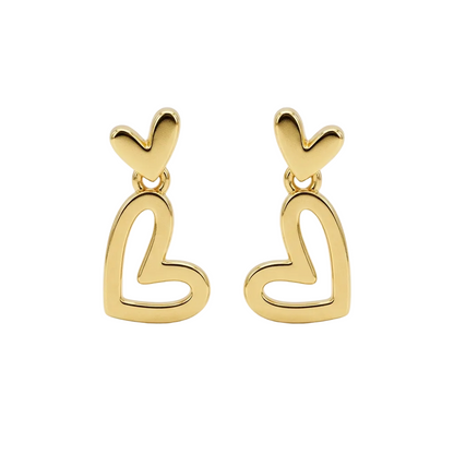 Gold open-heart dangle earrings with a small heart top and elongated heart drop. Perfect gift for her under at Rs. 30,000