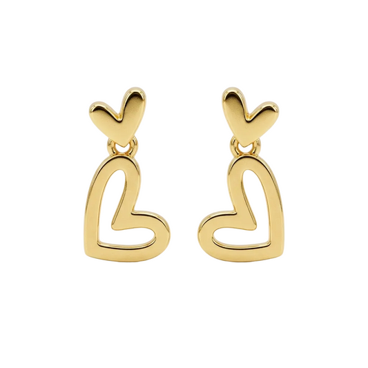 Gold open-heart dangle earrings with a small heart top and elongated heart drop. Perfect gift for her under at Rs. 30,000