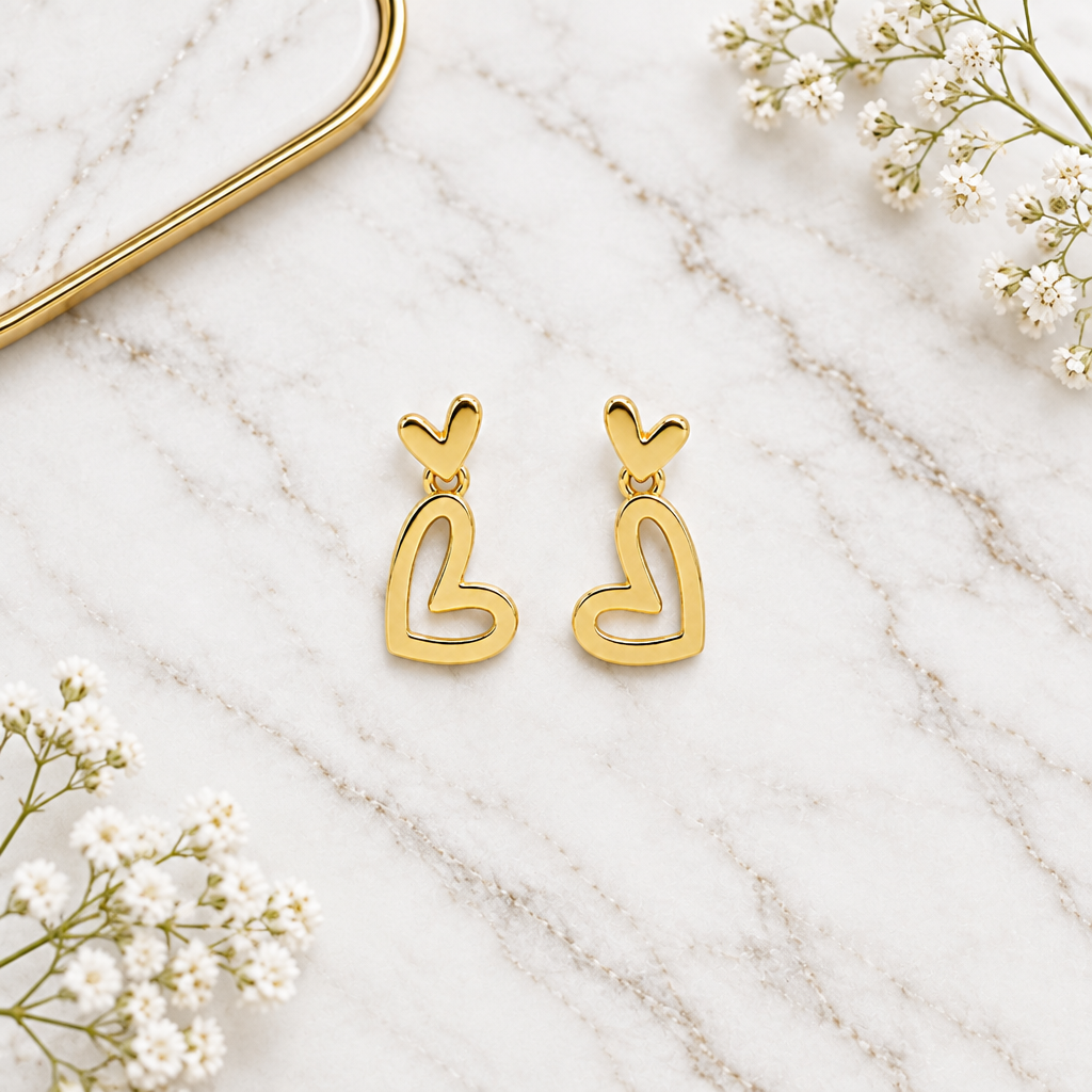Gold open-heart dangle earrings with a small heart top and elongated heart drop. Perfect gift for her under at Rs. 30,000