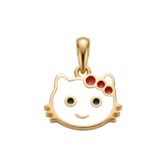 Gold kitty face pendant with a white enamel head and red bow accents under Rs. 20,000