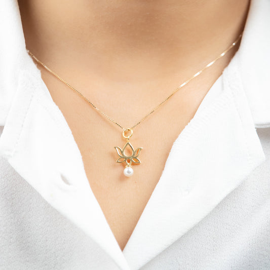 Caratly 18kt gold Lotus Gold Charm pendant with hanging pearl accent and floral outline design under Rs. 20,000
