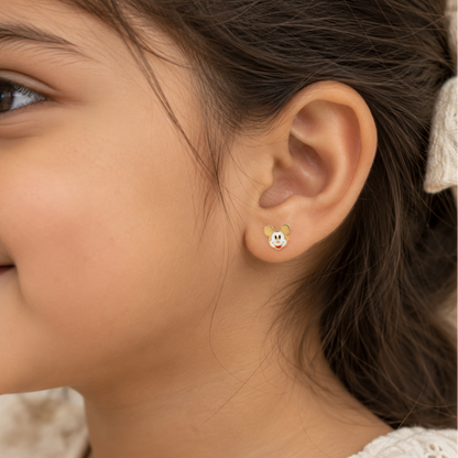 Gold stud earrings shaped like Mickey Mouse's face with white and red enamel. Cute and fun gold gifts for kids under Rs. 25,000