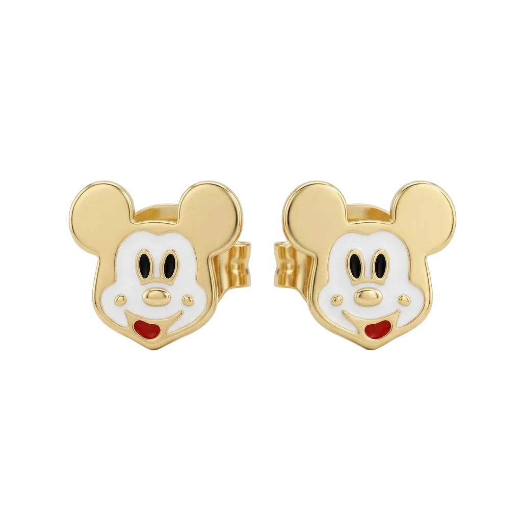 Gold stud earrings shaped like Mickey Mouse's face with white and red enamel. Cute and fun gold gifts for kids under Rs. 25,000