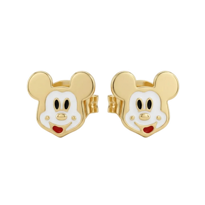 Gold stud earrings shaped like Mickey Mouse's face with white and red enamel. Cute and fun gold gifts for kids under Rs. 25,000