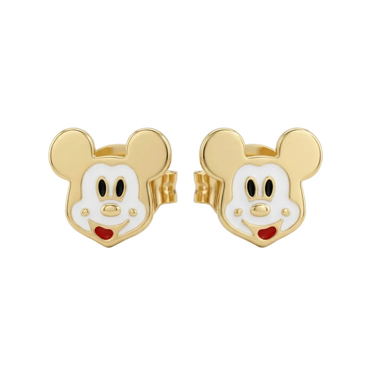 Gold stud earrings shaped like Mickey Mouse's face with white and red enamel. Cute and fun gold gifts for kids under Rs. 25,000