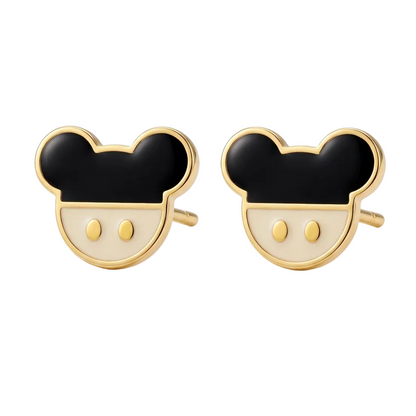 Gold stud earrings shaped like a mouse face with black and white enamel. Cute disney gifts for kids under Rs. 25,000