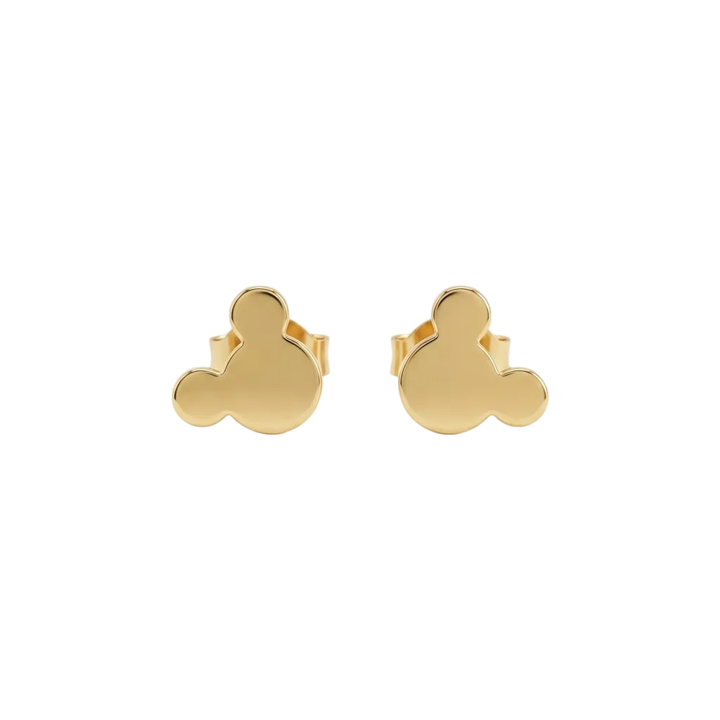 Polished gold stud earrings in the silhouette of a mouse-ear character face. Cute gold gifts for kids under Rs. 15,000