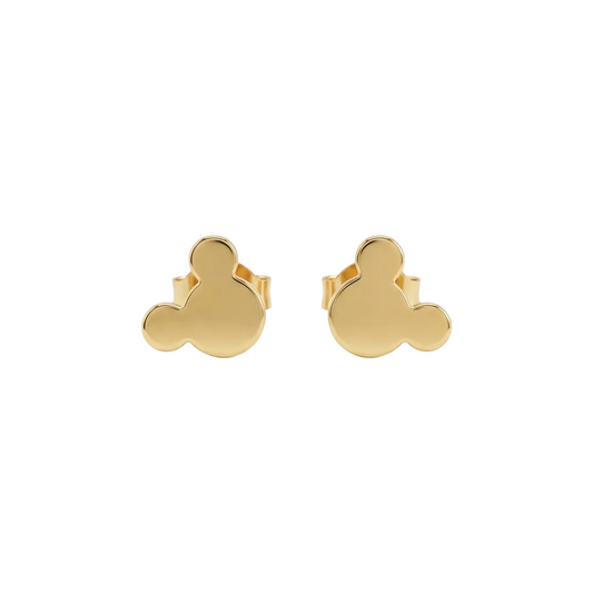 Polished gold stud earrings in the silhouette of a mouse-ear character face. Cute gold gifts for kids under Rs. 15,000