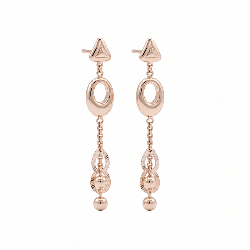 Gold dangle earrings with an oval link and layered beaded drops below. A luxe gift for her under Rs. 70,000