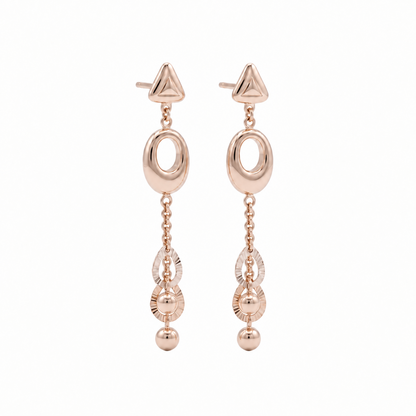 Gold dangle earrings with an oval link and layered beaded drops below. A luxe gift for her under Rs. 70,000