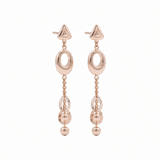 Gold dangle earrings with an oval link and layered beaded drops below. A luxe gift for her under Rs. 70,000