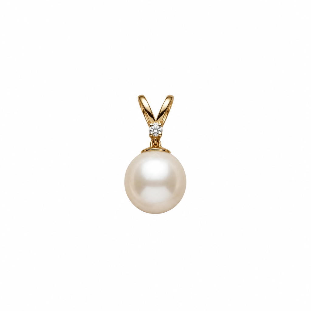 Gold V-bail pendant holding a large lustrous pearl beneath a sparkling diamond accent, priced under Rs. 20,000