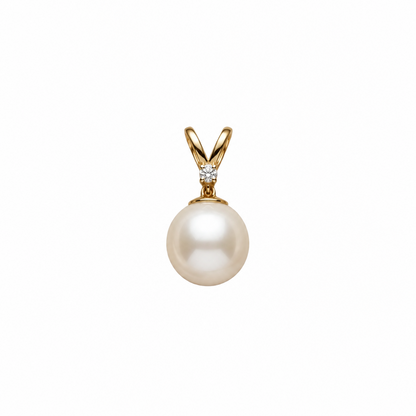 Gold V-bail pendant holding a large lustrous pearl beneath a sparkling diamond accent, priced under Rs. 20,000