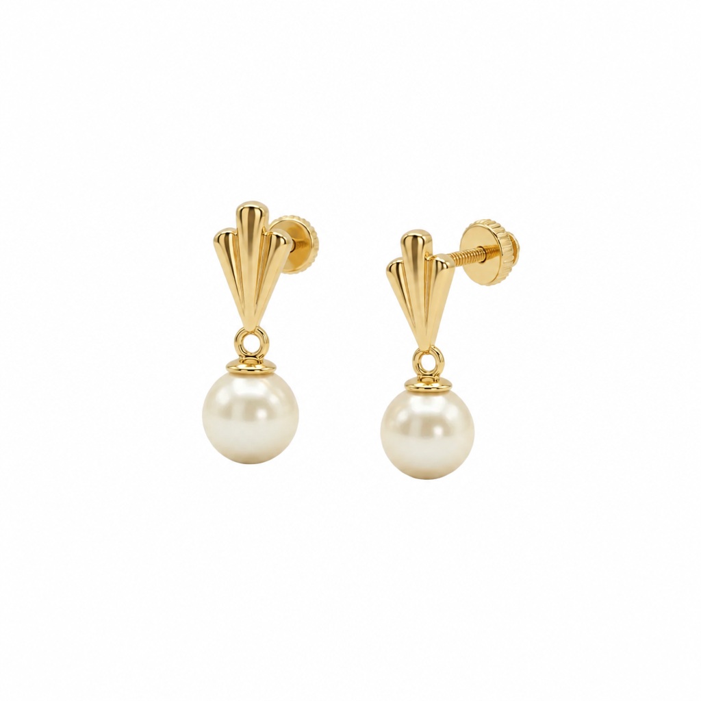 Gold drop earrings with a fluted cap and cream pearl. A perfect gift for her under Rs. 40,000