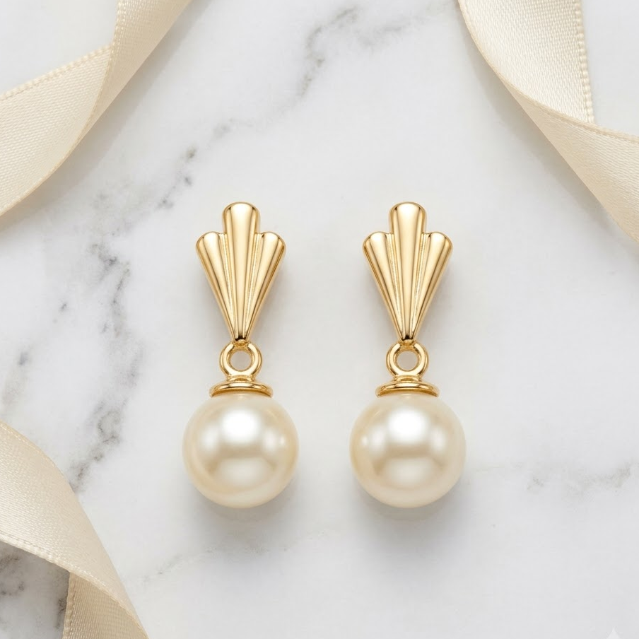 Gold drop earrings with a fluted cap and cream pearl. A perfect gift for her under Rs. 40,000