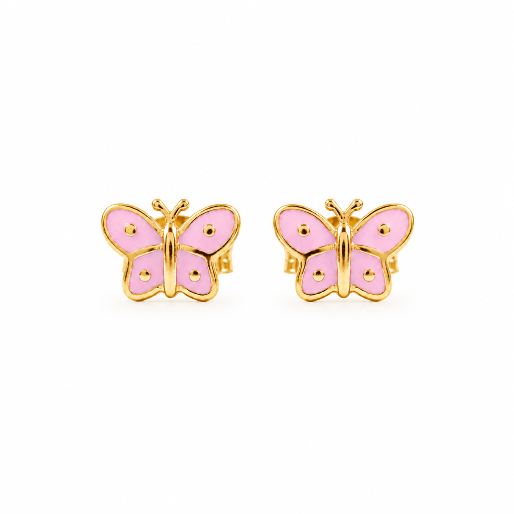 Pink enamel butterfly earrings with gold trim and antennae detail under Rs. 25,000
