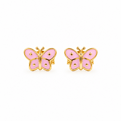 Pink enamel butterfly earrings with gold trim and antennae detail under Rs. 25,000
