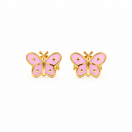 Pink enamel butterfly earrings with gold trim and antennae detail under Rs. 25,000