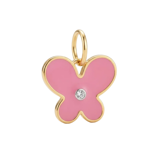 Gold pink enamel butterfly pendant set with a sparkling diamond centre priced under Rs. 20,000