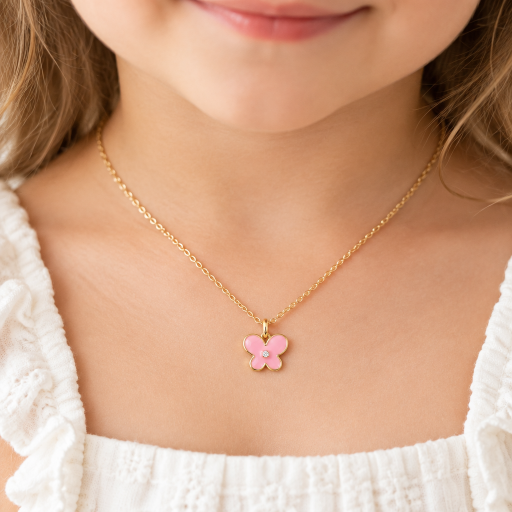 Gold pink enamel butterfly pendant set with a sparkling diamond centre priced under Rs. 20,000