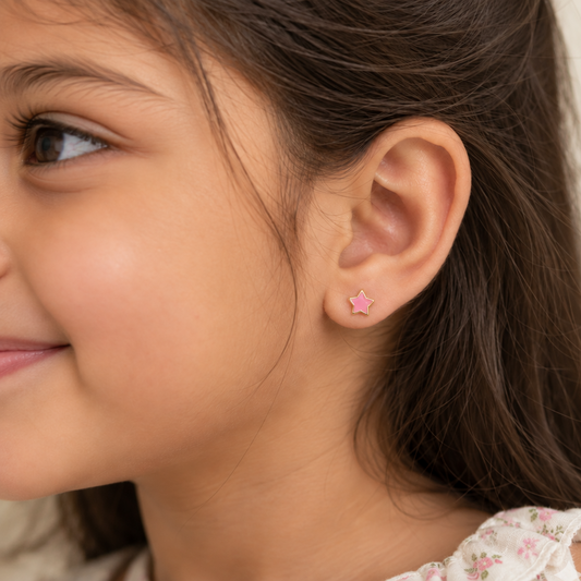 Gold star-shaped stud earrings with bright pink enamel and a gold outline. Minimal gifts for kids under Rs. 20,000