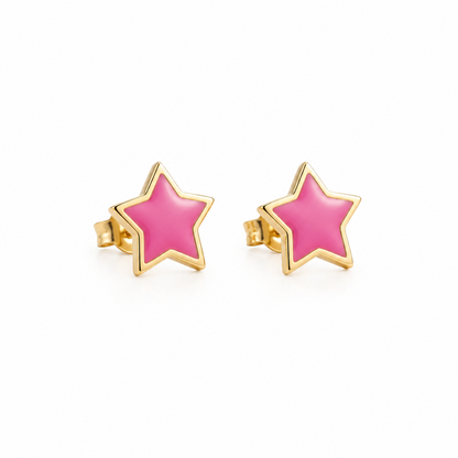 Gold star-shaped stud earrings with bright pink enamel and a gold outline. Minimal gifts for kids under Rs. 20,000