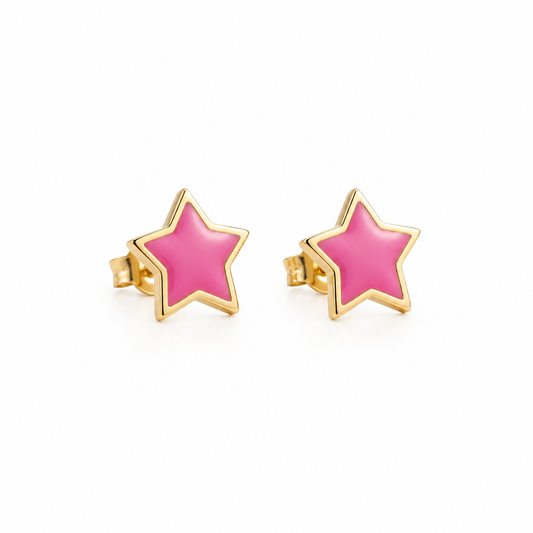 Gold star-shaped stud earrings with bright pink enamel and a gold outline. Minimal gifts for kids under Rs. 20,000