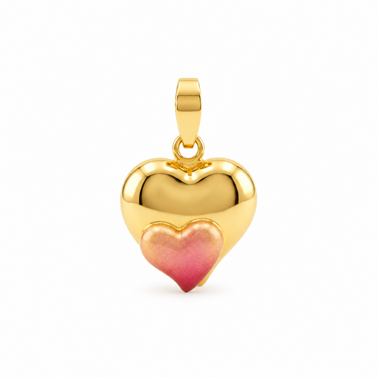 Gold puffed heart pendant with a pink enamel gradient at the base