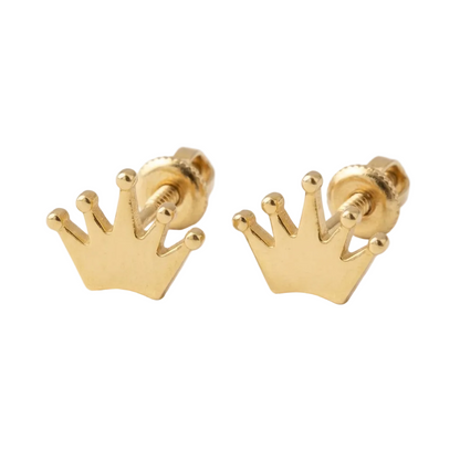 Gold crown-shaped stud earrings with a ridged, fan-textured surface. A perfect minimal gift for kids under Rs. 20,000 
