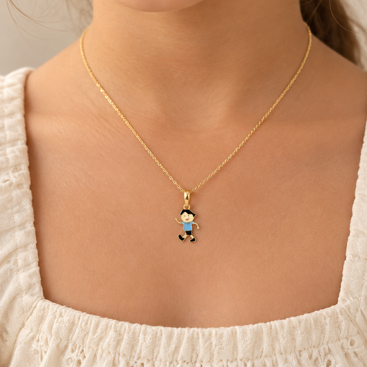 Gold running boy charm pendant with blue and black enamel detailing under Rs. 20,000