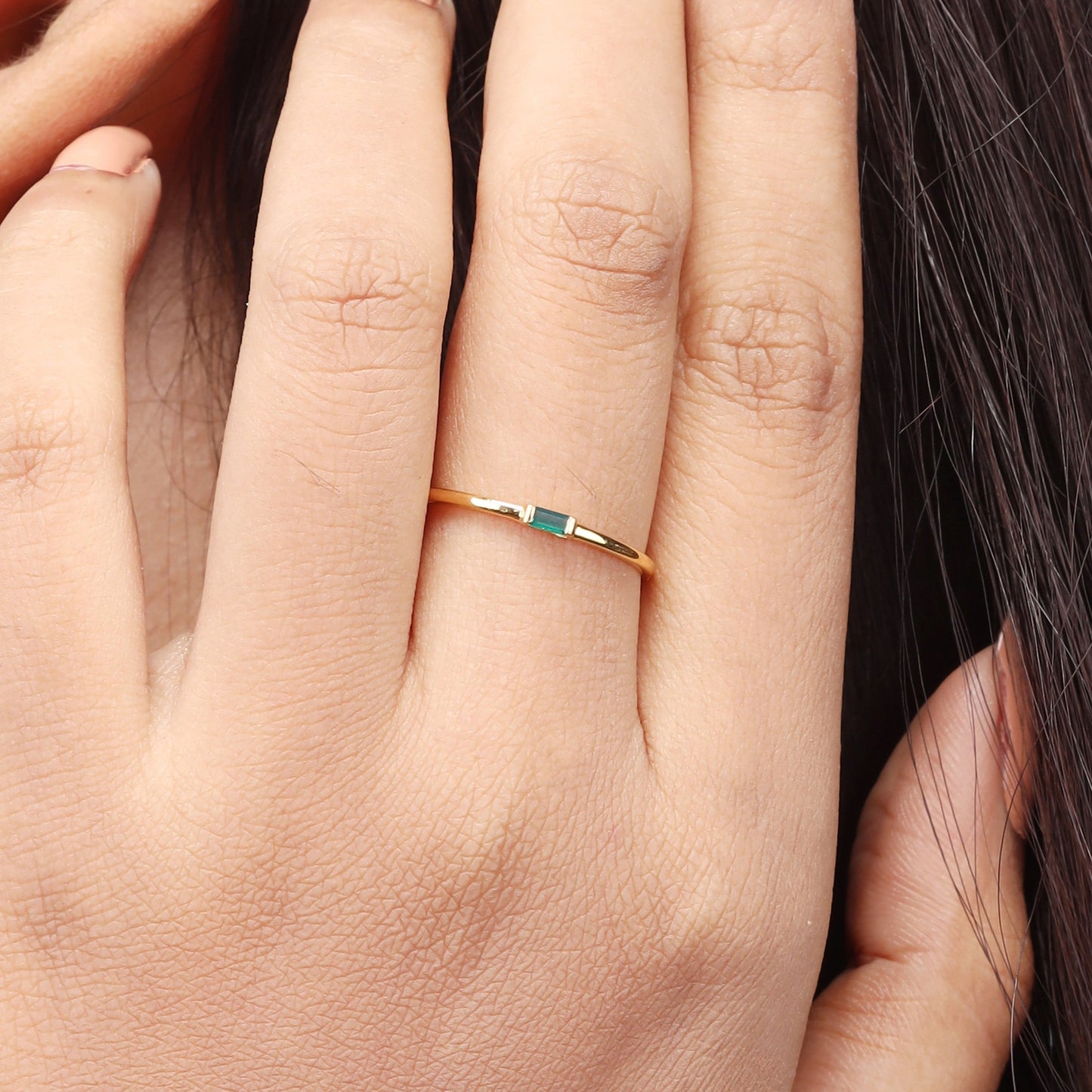 Caratly 18kt gold Emerald Green Ring with 0.02ct baguette-cut green gemstone in a minimalist east-west band design under Rs. 15,000
