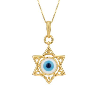 Gold star-shaped pendant framing a blue and white enamel evil eye