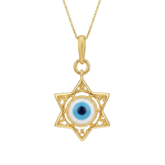 Gold star-shaped pendant framing a blue and white enamel evil eye