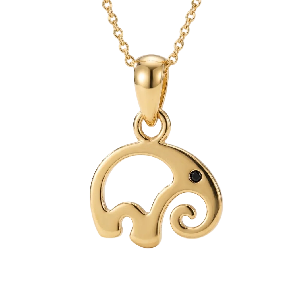 Gold pendant shaped like a swirled abstract elephant silhouette