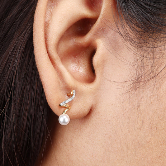 Caratly 18kt gold Curve Diamond Earring featuring a curved S-wave design set with diamonds ending in a single dangling pearl under Rs. 30,000