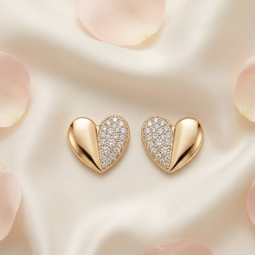 Gold heart-shaped stud earrings, one half polished and one half paved with diamonds. Minimal gifts for her under Rs. 35,000