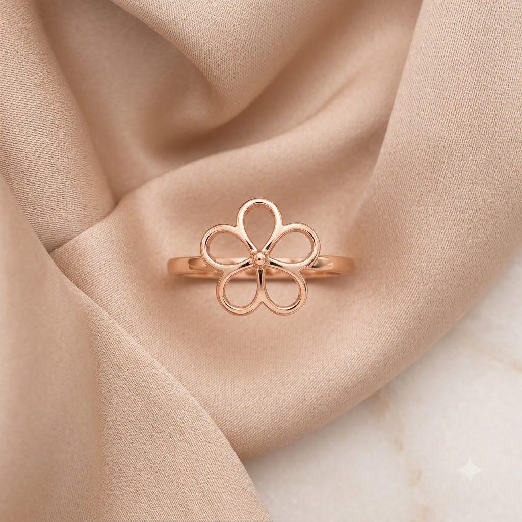Rose gold open-outline flower ring with five petal loops. Minimal and cute gifts under Rs. 20,000